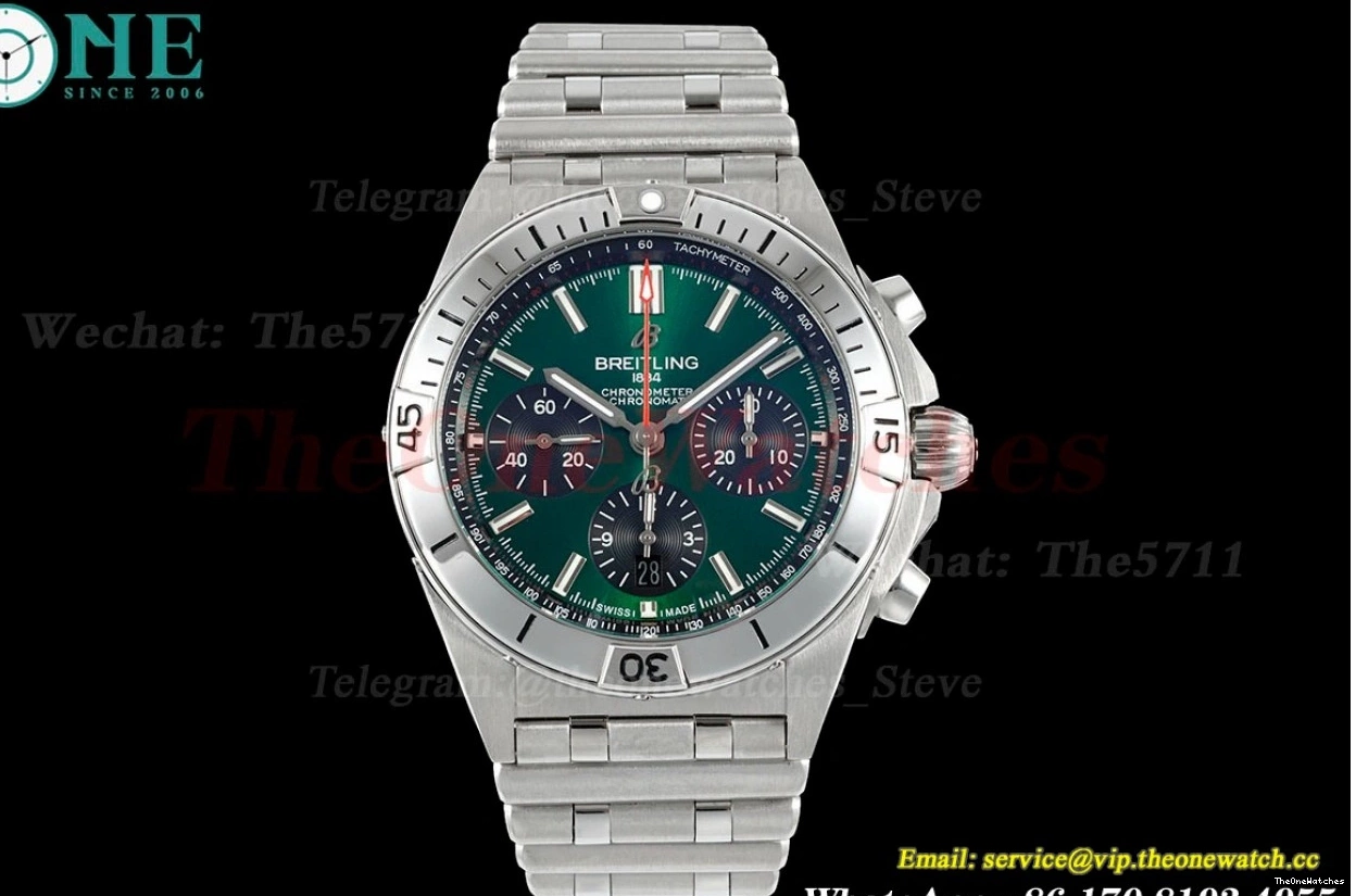 SS Stk 42MM SS Chronomat A7750 TF Green B01 0129